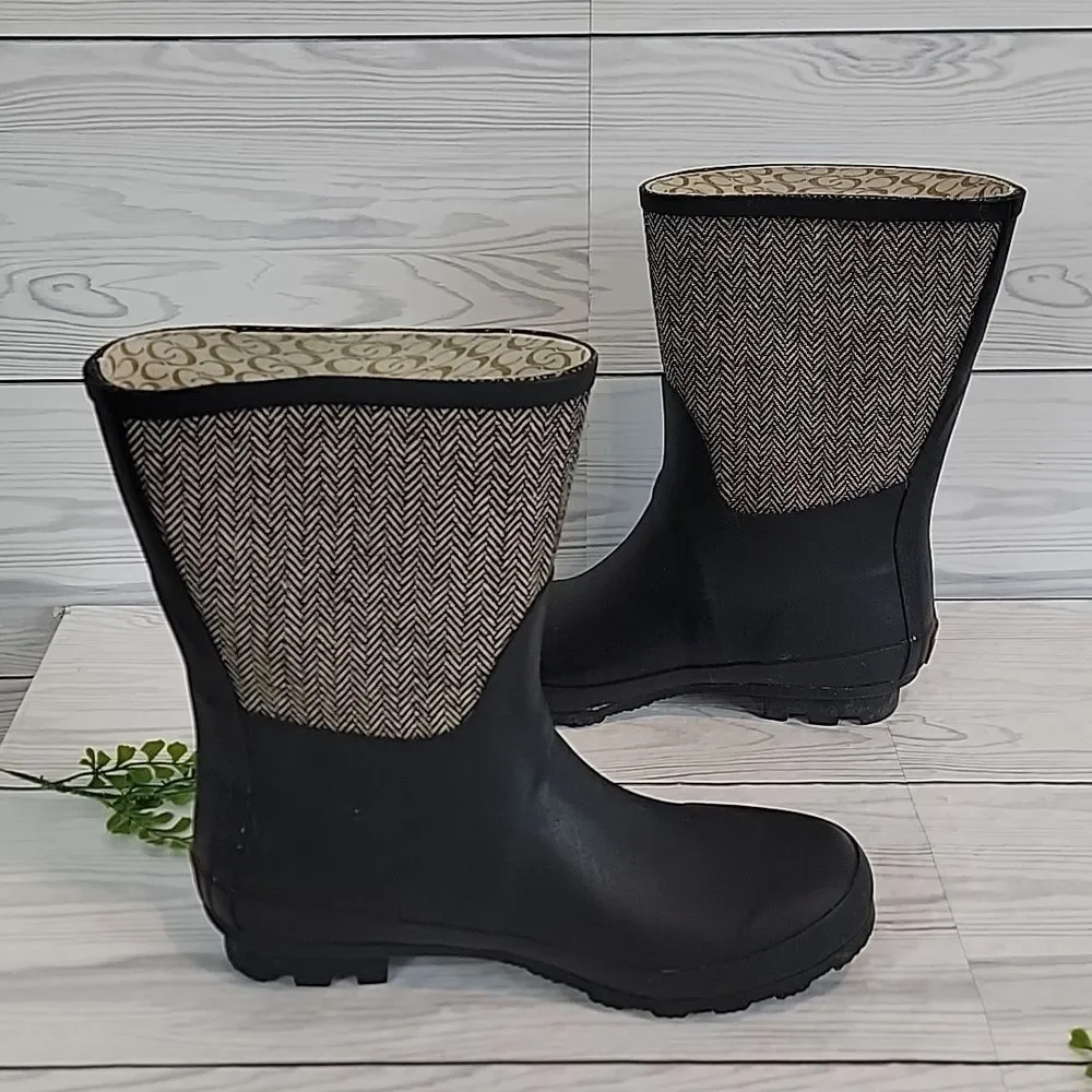 Chooka Rainboots Classic mid-calf Racer Herrinbone Black Womens Size 9